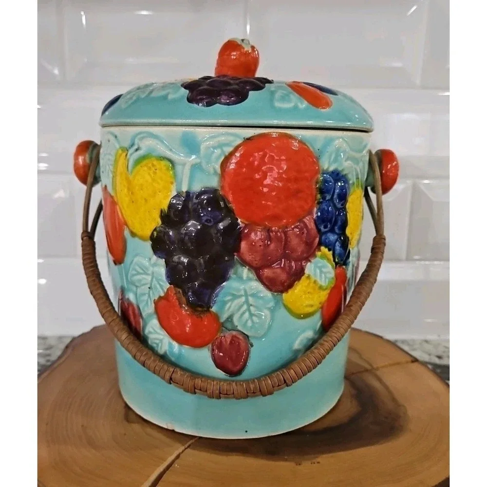 Vintage Biscuit Jar With Lid & Wicker‎ Handle Ceramic Made In Japan 8.5×6×6 inc